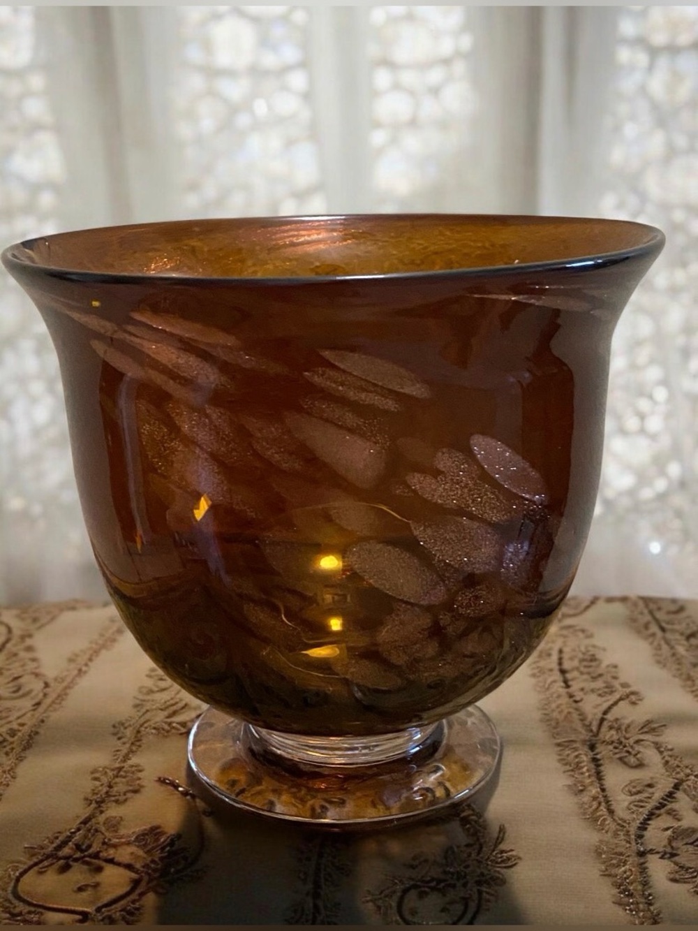 Murano Style Art Glass Amber & Gold Gilled Vase. Handblown Fruit Bowl